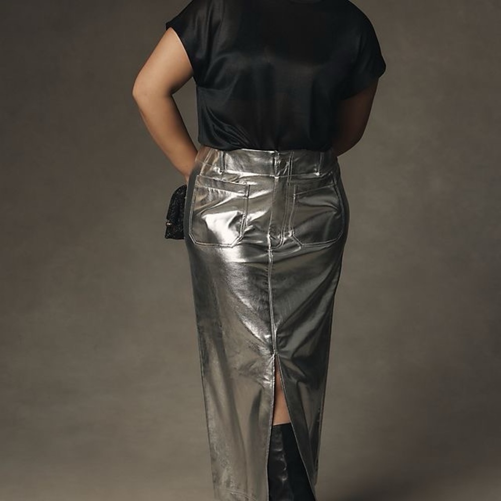 Metallic Silver Midi Pencil Skirt